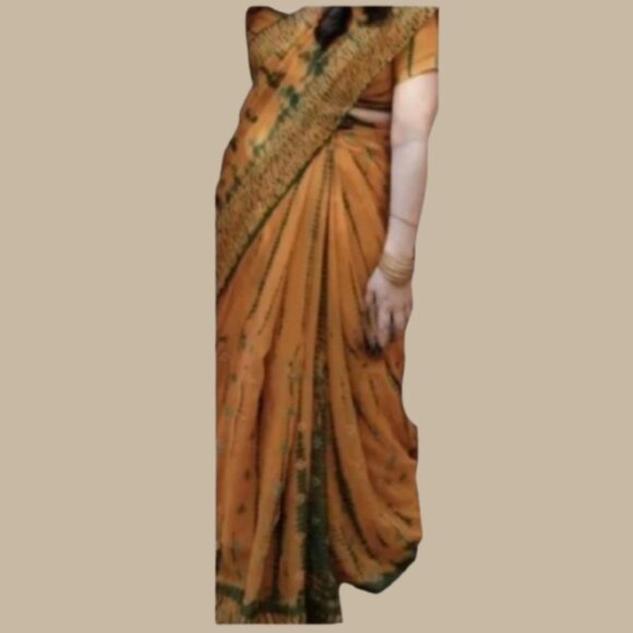 Mustard Yellow Shibori Tie Dye Saree Orange Green Chiffon Indian Sari - Picture 6 of 15